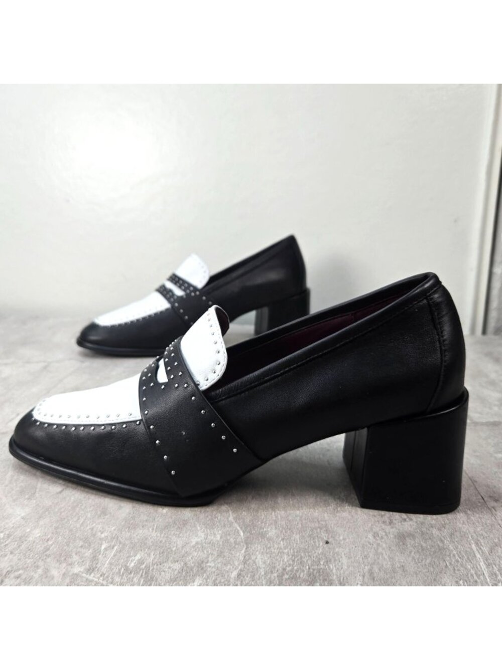 Block Heel Penny Loafers Size 9.5 Black White Leather Studded Preppy Dress Shoes